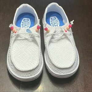 Hey Dude Womens White Slip-On Shoes with Pink & Cream Bead Accents